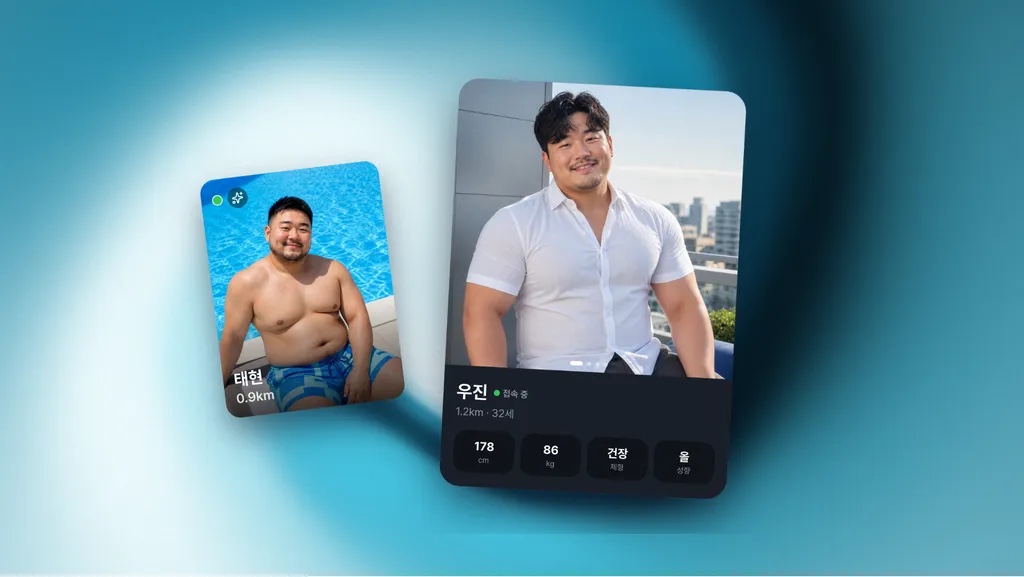 베어블 데이팅 프로필 카드 예시. 사진 아래에 이름과 거리, 나이, 키·몸무게·체형·성향이 보인다