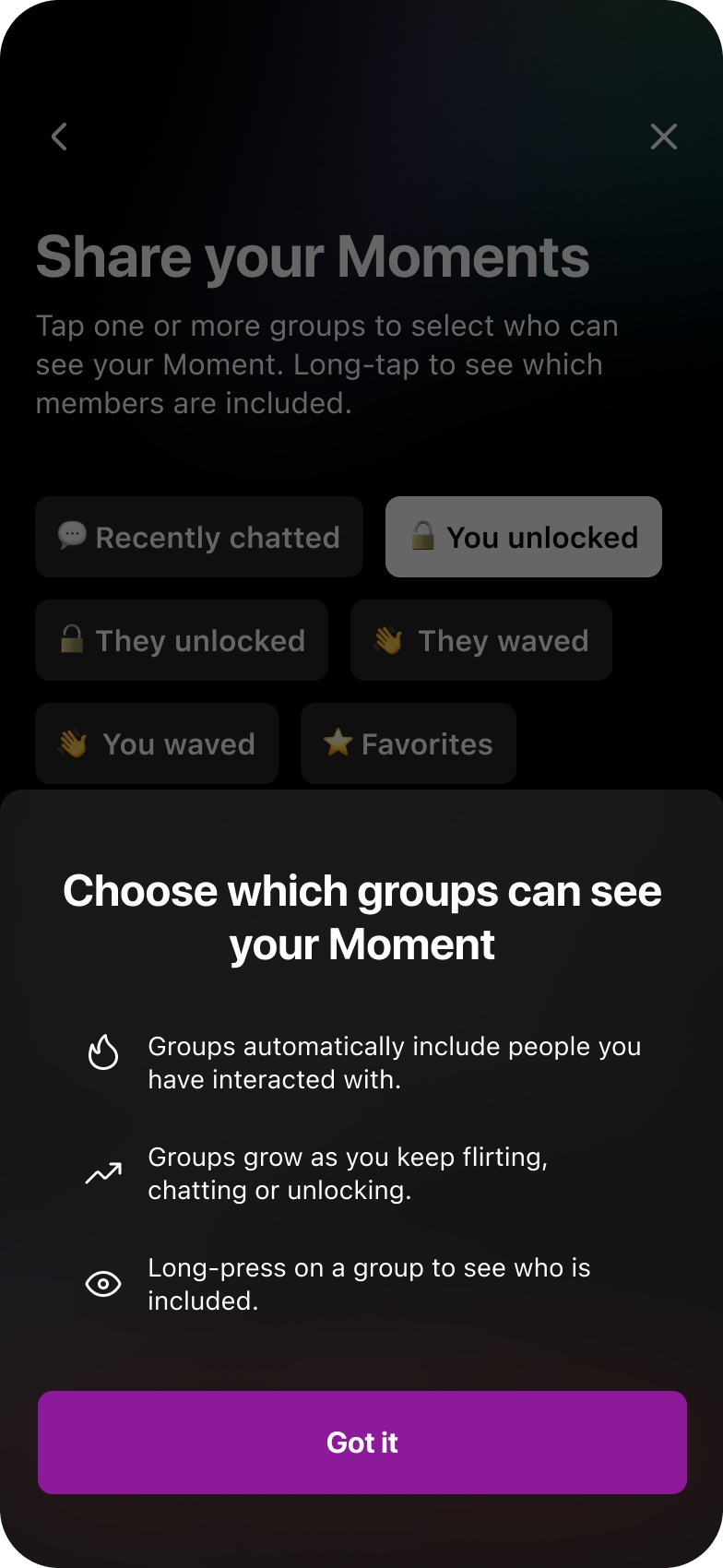 Moments 발송 대상 그룹 선택 화면 — Recently chatted, Favorites 등