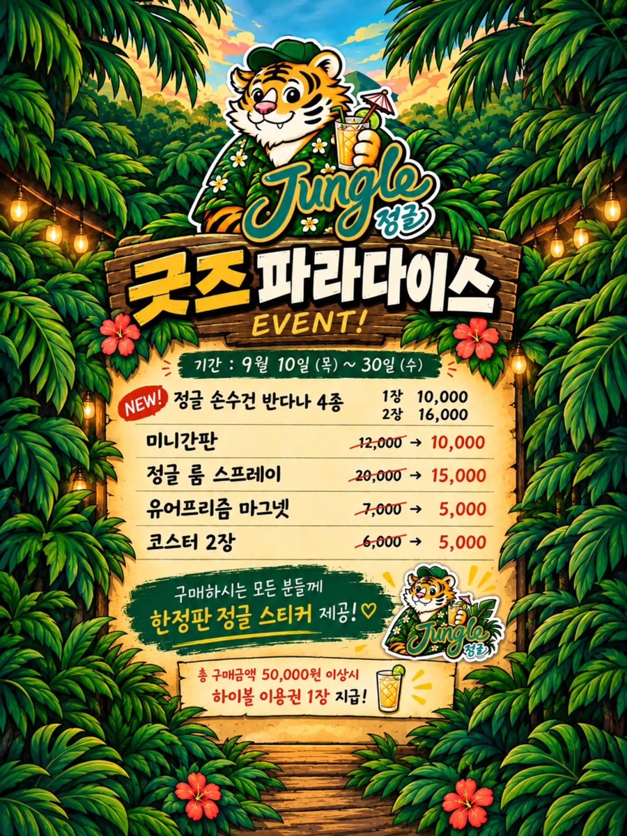 정글 굿즈 파라다이스 품목과 가격을 적은 포스터