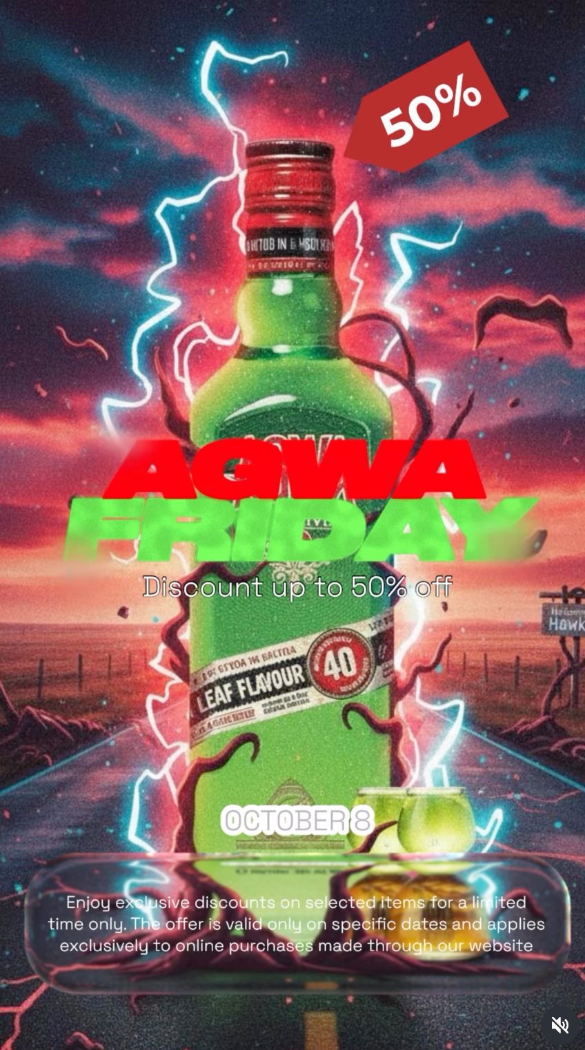 부산댁 AGWA FRIDAY 공지 포스터. OCTOBER 8 과 50% 가 적혀 있습니다